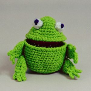 crocheted frog box organizer that looks like frog